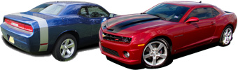 Rally stripes, hood graphics, blackout panels, gill inserts and side stripes for Chevy Camaro, Ford Mustang, Dodge Challenger, Dodge Charger and Chevy Cobalt
